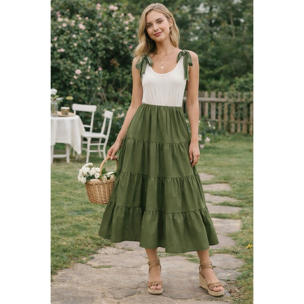 Indigo‎ Rose Green Tiered Midi Dress Bow Strap Cottagecore Boho M
